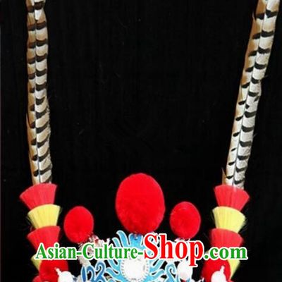Chinese Peking Opera Headpiece Wusheng Headwear Beijing Opera Warrior Helmet with 60 cm Feathers Complete Set
