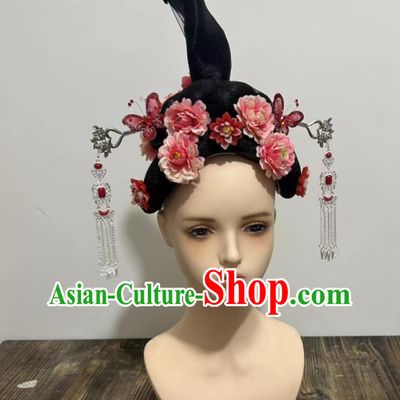 China Classical Dance Headpieces Handmade 12 Goddesses of Flowers Headdress Chinese Han Tang Dance Wig and Hair Jewelries Set