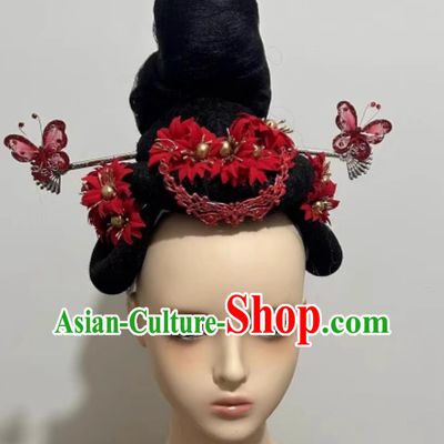 Chinese Han Tang Dance Wig and Red Hair Jewelries China Classical Dance Headpieces Handmade 12 Goddesses of Flowers Headdress
