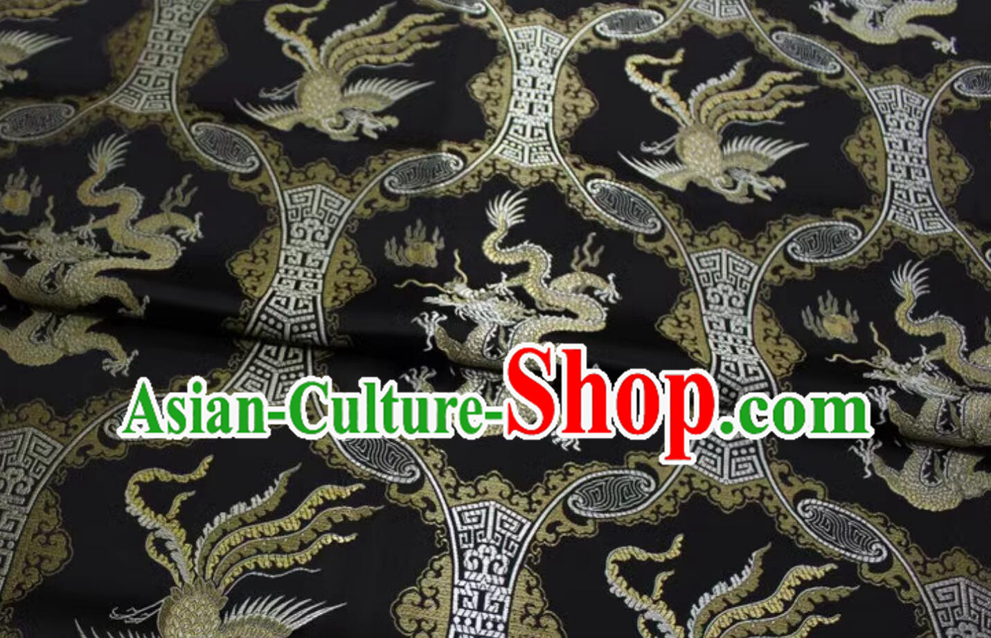 Black Brocade Chinese Traditional Dragon and Phoenix Pattern Fabric Chinese Qipao Material