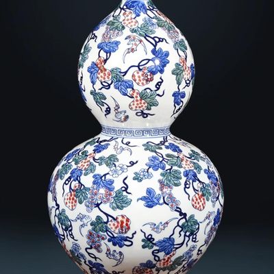 Chinese Jingdezhen Blue And White Porcelain Yongzheng Reproduction Hand Painted Bountiful Fruit Pattern Gourd Vase