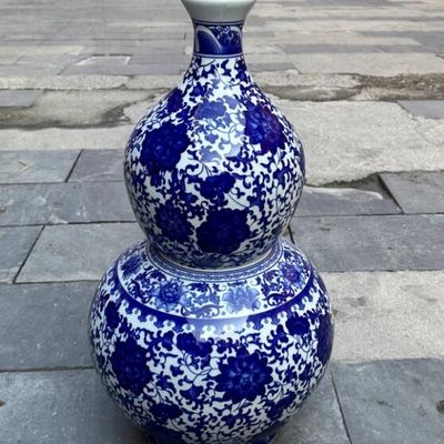Jingdezhen Ceramic Floor Vase Chinese Blue And White Porcelain Interlocking Lotus Gourd Vase Ornament 62cm