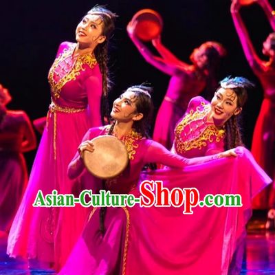 Where The Drumbeats Begin Dance Performance Costume Chinese Uyghur Dance Rosy Dress Xinjiang Ethnic Performance Attire