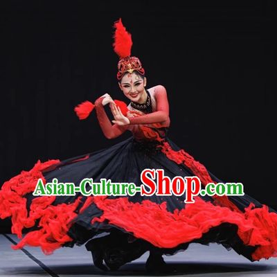 Chinese Kazakh Dance Performance Costume Flame Dance Dress Xinjiang Ethnic Dance Attire
