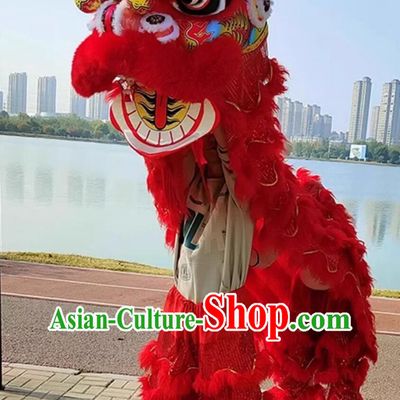 Handmade Fut San Lion Head Chinese Festival Dancing Lion Clothing Traditional Red Wool Lion Dance Costume Complete Set