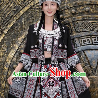 Hmong Minority Women Stage Performance Black Short Dress Chine Miao San Yue San Festival Ethnic Costume