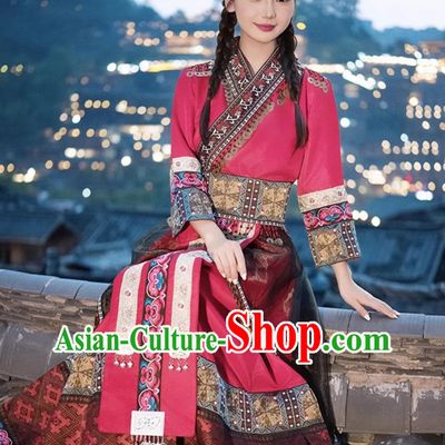 Chinese Miao Ethnic Lady Costume Hmong National Minority Dance Red Dress