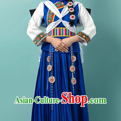 Chinese Naxi Ethnic Minority Costume Traditional Yunnan Folk Dance Performance Blue Attire