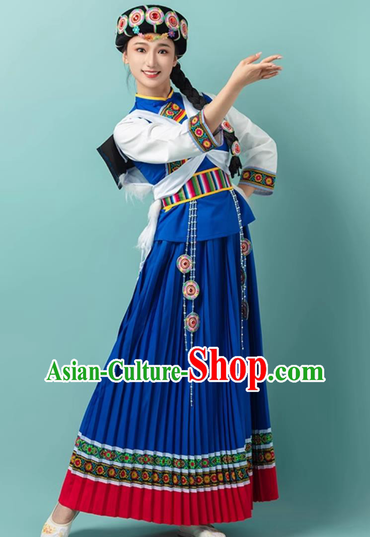 Chinese Naxi Ethnic Minority Costume Traditional Yunnan Folk Dance Performance Blue Attire Chinese Naxi Ethnic Minority Costume Traditional Yunnan Folk Dance Performance Blue Attire