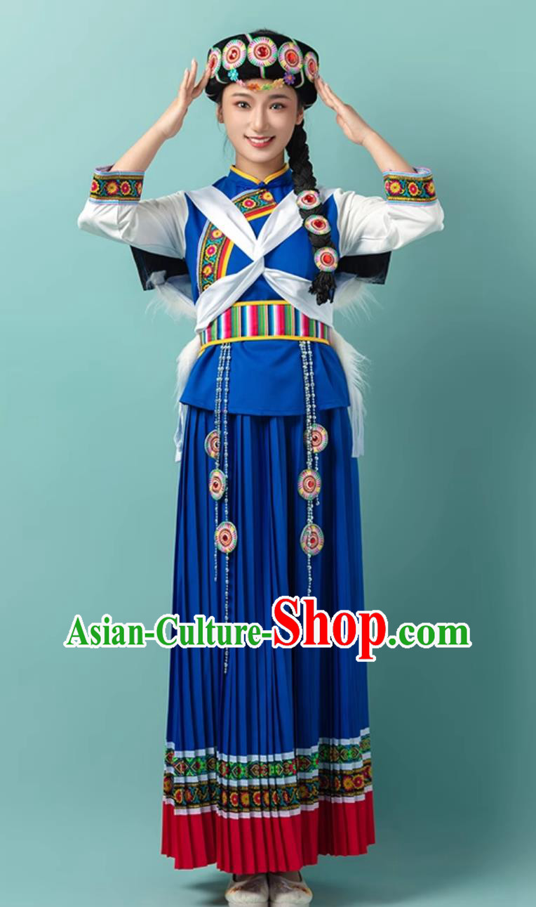 Chinese Naxi Ethnic Minority Costume Traditional Yunnan Folk Dance Performance Blue Attire Chinese Naxi Ethnic Minority Costume Traditional Yunnan Folk Dance Performance Blue Attire