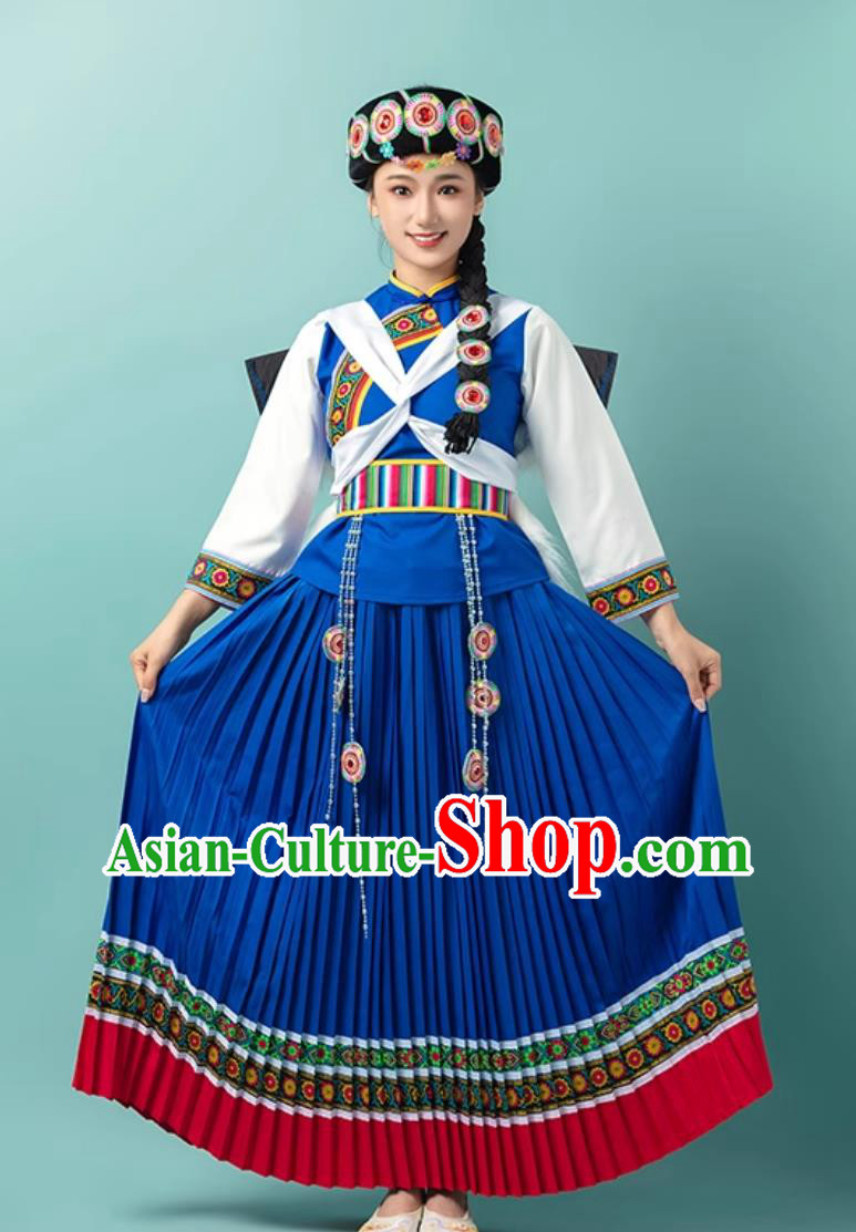 Chinese Naxi Ethnic Minority Costume Traditional Yunnan Folk Dance Performance Blue Attire Chinese Naxi Ethnic Minority Costume Traditional Yunnan Folk Dance Performance Blue Attire