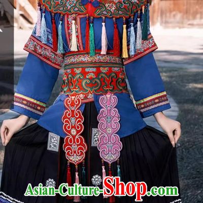 Chinese Dong Ethnic Costume Women Guizhou Minority Embroidered Attire Folk Dance Performance Gown