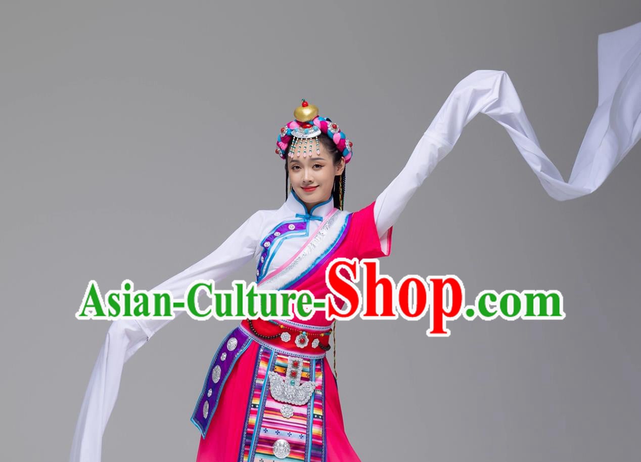 Magenta Tibetan Ceremonial Gown Chinese Ethnic Dance Costume Zang Minority Performance Dress
