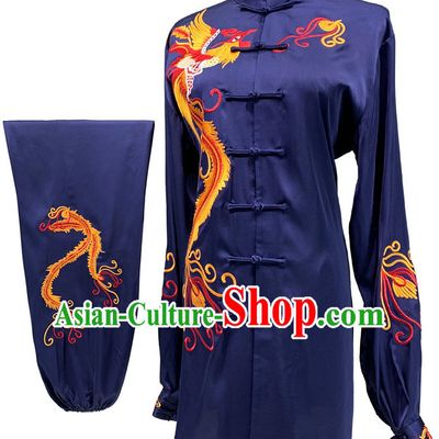 Chinese Wushu Competition Costume Traditional Tai Chi Navy Suit Embroidery Phoenix Qigong Mantis Martial Arts Performance Costume