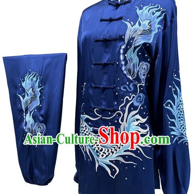 Embroidery Dragon Martial Arts Suit Chinese Tai Chi Qigong Performance Deep Blue Uniform Wushu Competition Clothing