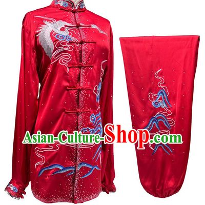 Chinese Martial Arts Performance Clothing Embroidery Crane Starry Sky Diamonds Tai Chi Suit Wushu Competition Red Uniform