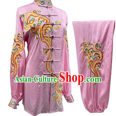 Top Wushu Competition Pink Uniform Chinese Martial Arts Performance Clothing Embroidery Waves Starry Sky Diamonds Tai Chi Suit