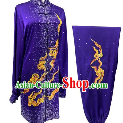 Bright Diamond Shining Purple Tai Chi Suit Top Wushu Competition Costume Chinese Kung Fu Performance Embroidery Clouds Clothing