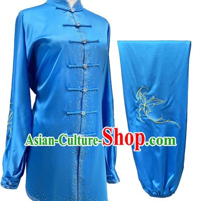 Professional Kung Fu Performance Clothing Blue Shining Bright Diamond Embroidery Tai Chi Suit Chinese Wushu Competition Costume