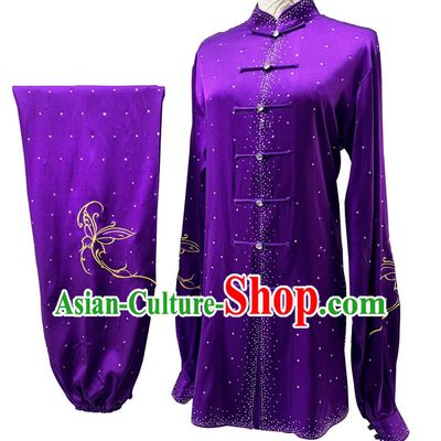 Chinese Wushu Competition Costume Professional Kung Fu Performance Clothing Purple Shining Bright Diamond Embroidery Tai Chi Suit