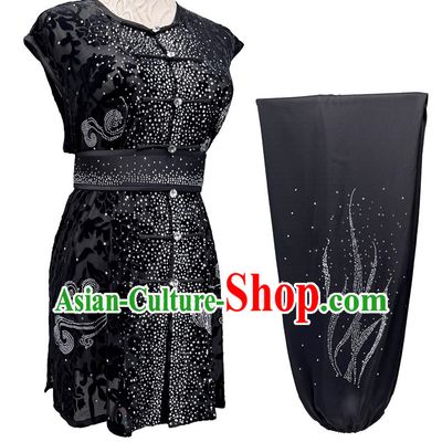 Semi Transparent Burnout Diamonds Southern Fist Nanquan Performance Costume Wushu Competition Black Uniform Chinese Kung Fu Clothing for Men