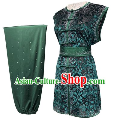 Chinese Kung Fu Clothing Semi Transparent Burnout Diamonds Southern Fist Nanquan Performance Costume Wushu Competition Green Uniform for Men