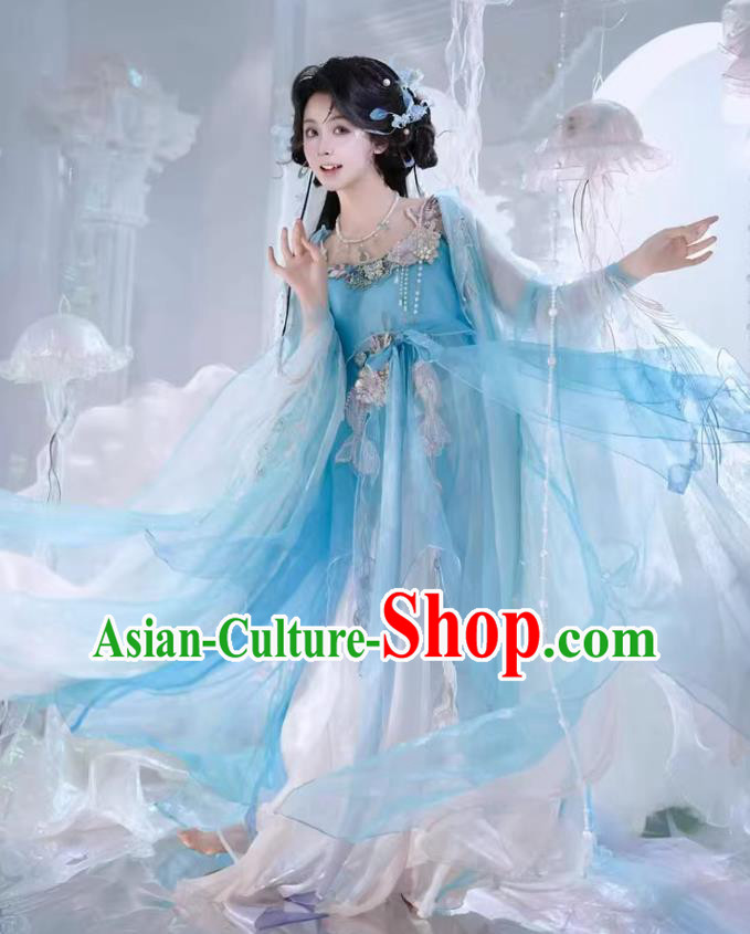 Chinese Hanfu Tang Dynasty Blue Hezi Dress Traditional Chinese Costume Ancient Fairy Clothing Chinese Hanfu Tang Dynasty Blue Hezi Dress Traditional Chinese Costume Ancient Fairy Clothing