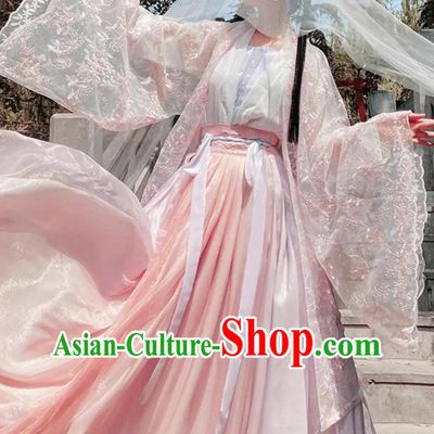 Chinese Traditional Clothing Song Dynasty Pink Large Sleeve Gown Blouse and Skirt Ancient Princess Embroidery Hanfu