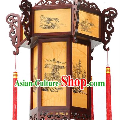 Chinese Antique Wood Palace Lantern Zen Landscape Pendant Light Hand Carved Hexagonal Palace Lantern