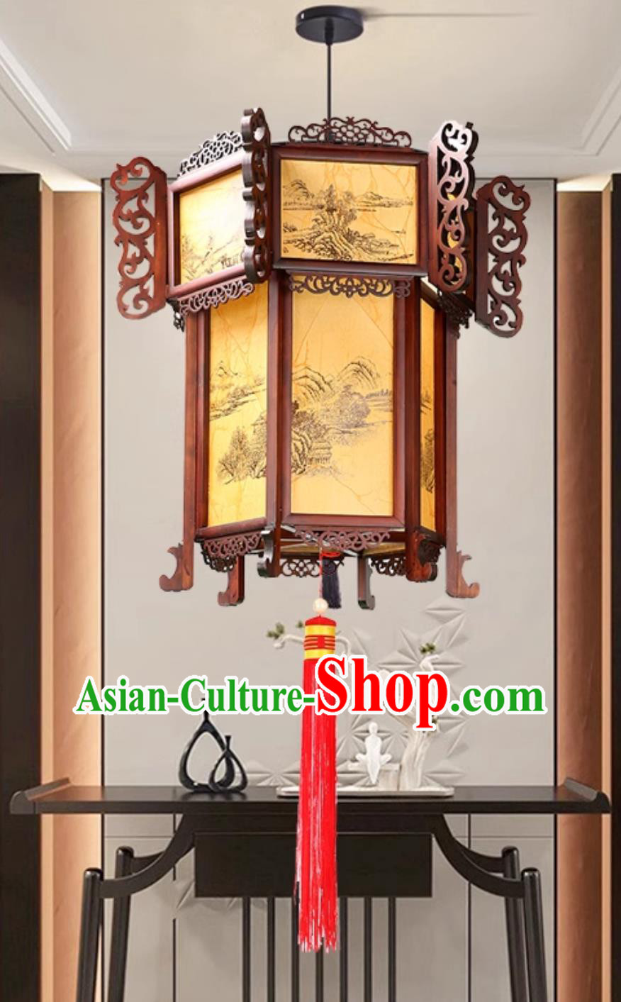 Hand Carved Hexagonal Palace Lantern Chinese Antique Wood Palace Lantern Zen Landscape Pendant Light Hand Carved Hexagonal Palace Lantern Chinese Antique Wood Palace Lantern Zen Landscape Pendant Light