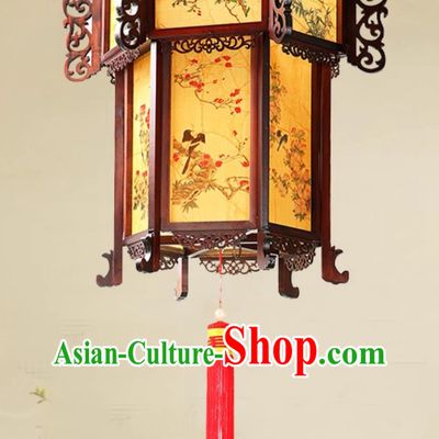 Painted Bird Flower Pendant Light Carved Hexagonal Palace Lantern Chinese Antique Wood Palace Lantern