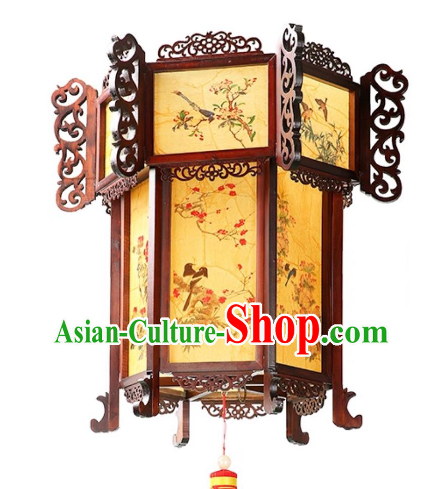Hand Painted Bird Flower Pendant Light Carved Hexagonal Palace Lantern Chinese Antique Wood Palace Lantern Hand Painted Bird Flower Pendant Light Carved Hexagonal Palace Lantern Chinese Antique Wood Palace Lantern