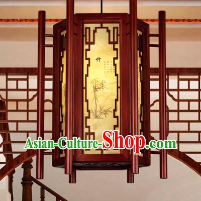Chinese Pendant Light Fixture Antique Wood Palace Lantern Parchment Style Printing Bamboo Lamp