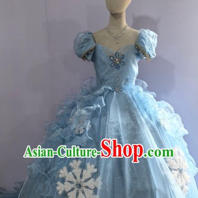 Snow Queen Performance Costume Frozen Princess Stage Attire Blue Full Dress