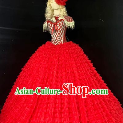 Princess Stage Costume Parade Dance Performance Outfit Queen Red Long Dress