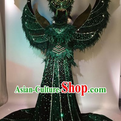 Flannel Green Velvet Performance Costume Magician Stage Feather Outfit Catwalks Clothing