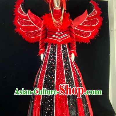 Flannel Red Velvet Performance Costume Magician Stage Feather Outfit Catwalks Clothing
