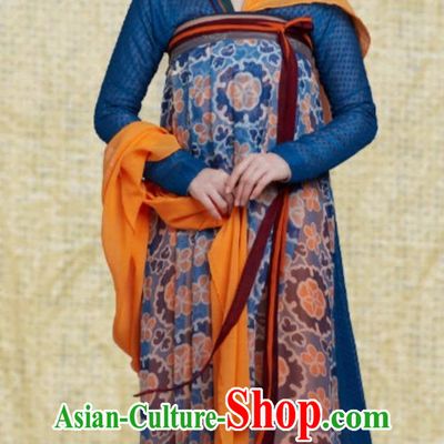 Chinese Tang Dynasty Woman Clothing Drama Wind Rises in Luoyang Female Shopkeeper Yao Niang Blue Hanfu Dress