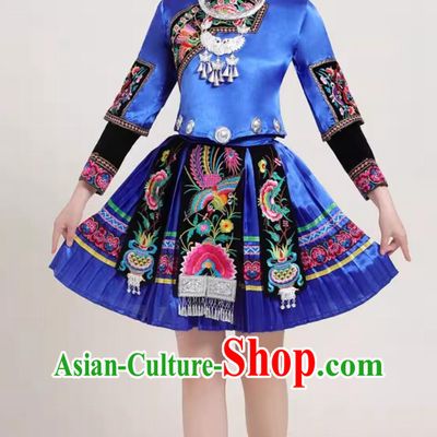 Tujia Minority Embroidered Blouse and Pleated Skirt Chinese Ethnic Woman Costume Traditional Tujia Nationality Dance Blue Outfit