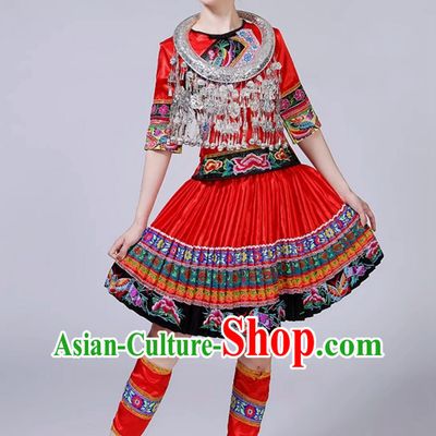 Chinese Ethnic Woman Costume Traditional Tujia Nationality Dance Red Outfit Tujia Minority Blouse and Pleated Skirt Complete Set