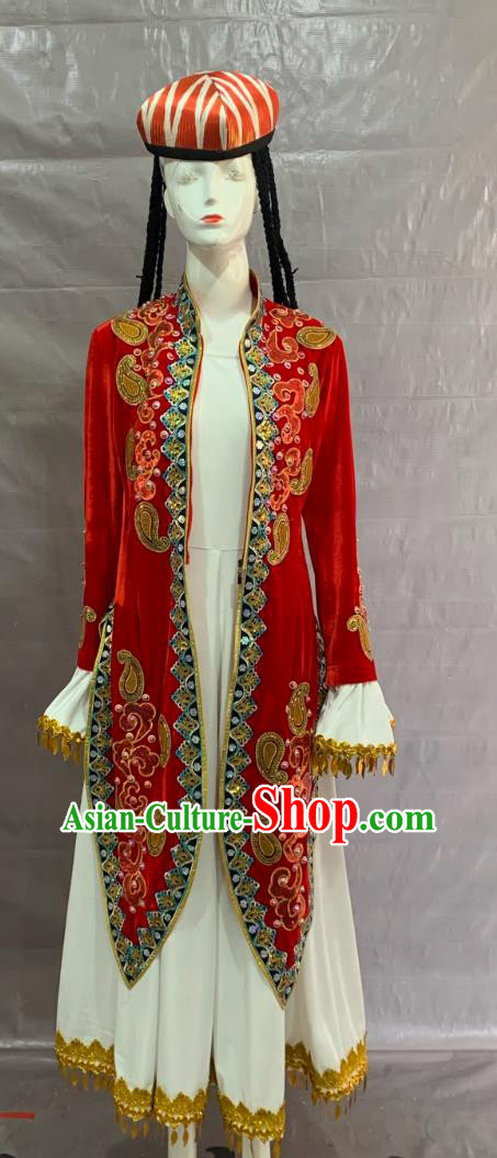 Uzbek Ethnic Costume Chinese Minority Performance Attire Red Long Dress Set Uzbek Ethnic Costume Chinese Minority Performance Attire Red Long Dress Set