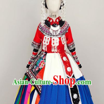 Chinese Dong Nationality Woman Clothing Tujia Folk Dance Stage Performance Dress