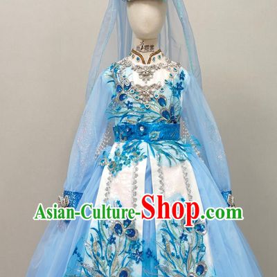 Ethnic Girl Blue Dress Chinese Hui Nationality Minority Stage Performance Costume