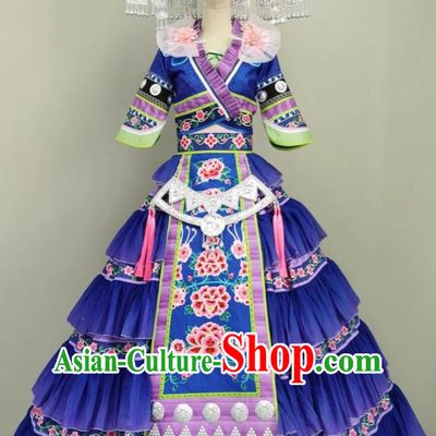 Guangxi March Third Festival Zhuang Ethnic Costume Chinese Minority Fashion Show Attire Women Blue Dress