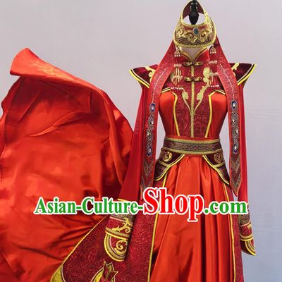 Mongolian Ethnic Costume Chinese Mongol Minority Fashion Show Attire Women Red Dress