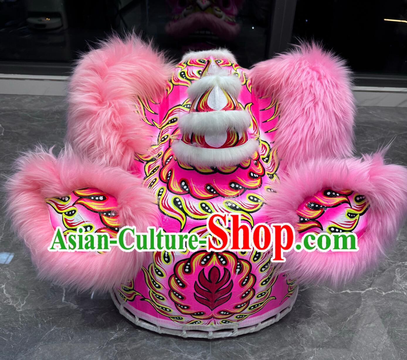 Chinese Lion Dance Costume Handmade Pink Wool Lion Head and Clothing Complete Set