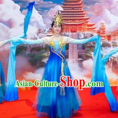 Chinese Classical Performance Clothing Water Sleeve Dance Costume Women Han Tang Dance Long Sleeve Blue Dress