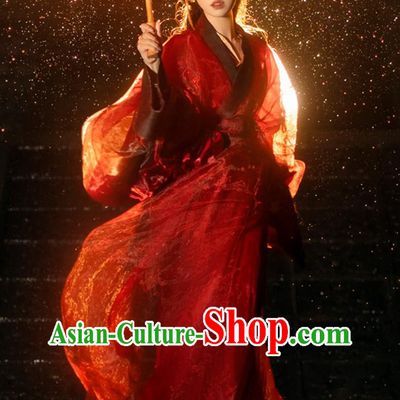 Women Red Warring States Robe Chinese Hanfu Dress Ancient Beauty Wide Sleeves Costume