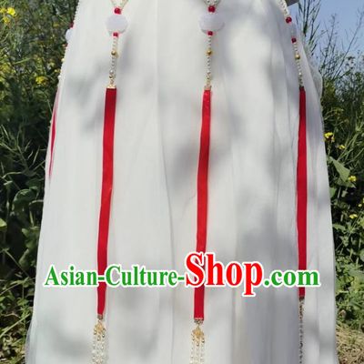 Pearl Tassel Ribbon Sash Oxplume Knot Ancient Style Hanfu Accessory Red Waist Band Handmade Waist Chain