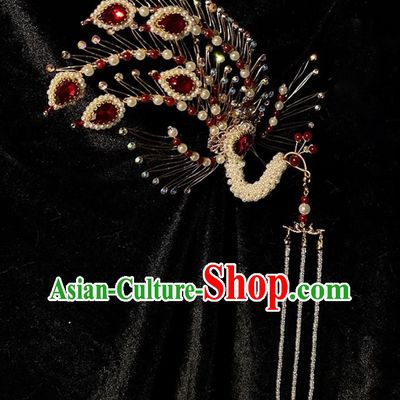 Tassel Golden Phoenix Hairpin Inclined Phoenix Five Tail Hair Crown Chinese Ming Dynasty Wedding Headdress Accessory